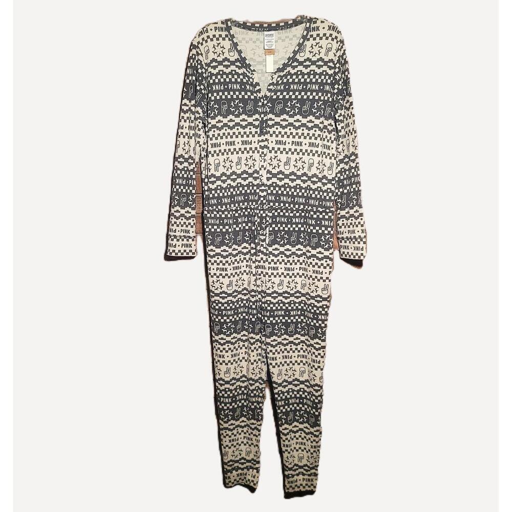 Victoria's Secret PINK thermal One-Piece Gray/Cream Thermal Pajamas NWT - Sz XL